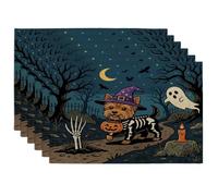 Halloween Yorkie Dog Placemats Set of 6, 12x18 Inch, Horror Puppy Graveyard 6Pcs Soft Table Mats for Home Dinning, Spooky Scary Holiday Party Kitchen Print Pattern Decor