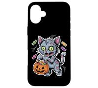 Halloween Zombie Cat With Pumpkin And Trick Or Treat Candy Case for iPhone 16 Plus