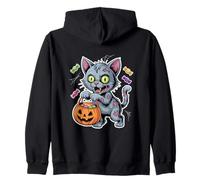 Halloween Zombie Cat With Pumpkin And Trick Or Treat Candy Zip Hoodie