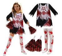 Halloween Zombie Dress Horror Dead Cheerleader Costumes Bloody Costume Pom Poms Socks for Kids Girls Cosplay (L)