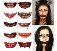 Halloween Zombie Makeup Kit - 10 Accessories, Vampire Clown Horror Big Mouth Wound Smile Lip Tattoo Stickers, Waterproof Scars and Wounds Face Tattoos for Women and Men