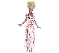 Smiffys Women's High School Horror Zombie Prom Queen Costume, Dress & Attached Sash, High School Horrors, Colour: White, Size: S, 32950