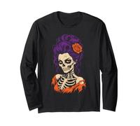 Halloween Zombie Skeleton Woman Portrait Rose Line Art Long Sleeve T-Shirt