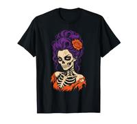 Halloween Zombie Skeleton Woman Portrait Rose Line Art T-Shirt