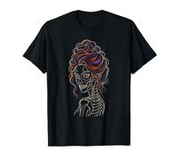 Halloween Zombie Skeleton Woman Portrait Rose Line Art T-Shirt