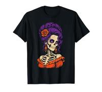 Halloween Zombie Skeleton Woman Portrait Rose Line Art T-Shirt