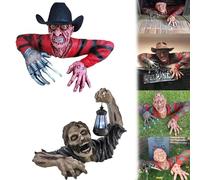 Halloween Zombie Statue With LED Lantern, Halloween Skull Statue Decor, Wall Hanging Decoration Character Sculpture Home Ornament, Horror Movie Garden Statues for Outdoor Garden Patio Yard (with hat)