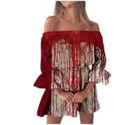 Hallowen Costume, Ladies' Halloween Bloody Printed One Shoulder Off Shoulder Sexy Petal Sleeve Slimming Dress (2)