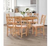 Hallowood Furniture Aston Butterfly Extending Table With 6 Cross Back Oak Chairs In Beige Seat Pad
