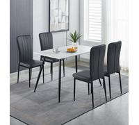 Hallowood Furniture Cullompton Dining Set, White Marble Effect Rectangular Dining Table 120Cm With 4 Black Faux Leather Chairs