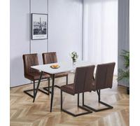 Hallowood Furniture Cullompton Rectangular Dining Table 120Cm In White Marble Effect Top With 4 Brown Leather Effect Chairs