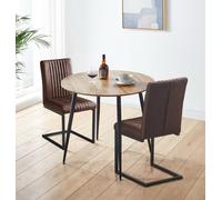 Hallowood Furniture Cullompton Small Round Dining Table 90Cm Oak Effect Top With 2 Brown Leather Effect Chairs