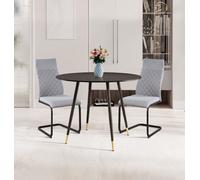 Hallowood Furniture Finley Small Round Dining Table In Black Finish With 2 High Back Light Grey Fabric Chairs