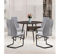 Hallowood Furniture Finley Small Round Dining Table In Black Finish With 4 High Back Light Grey Fabric Chairs
