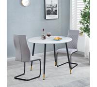 Hallowood Furniture Finley Small Round Dining Table In White Marble Finish With 2 High Back Light Grey Fabric Chairs