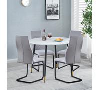 Hallowood Furniture Finley Small Round Dining Table In White Marble Finish With 4 High Back Light Grey Fabric Chairs