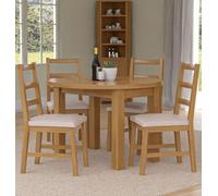 Hallowood Furniture Waverly Drop Leaf Round Table With 4 Ladder Back Oak Chairs With Beige Fabric Seats