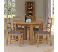 Hallowood Furniture Waverly Drop Leaf Round Table With 4 Ladder Back Oak Chairs With Grey Fabric Seats