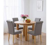 Hallowood Furniture Waverly Drop Leaf Round Table With 4 Roll Top Linen Fabric Dining Chairs (Grey)