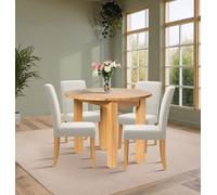 Hallowood Furniture Waverly Drop Leaf Round Table With 4 Upholstered Chairs In Beige Fabric