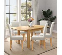 Hallowood Furniture Waverly Oak Small Extending Table With 6 Upholstered Straight Back Beige Chair With Oak Legs