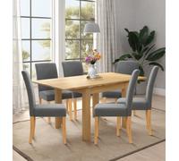 Hallowood Furniture Waverly Oak Small Extending Table With 6 Upholstered Straight Back Grey Chair With Oak Legs