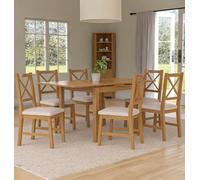 Hallowood Furniture Waverly Small Extending Table With 6 Cross Back Oak Chairs With Beige Fabric Seats