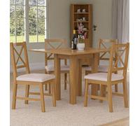 Hallowood Furniture Waverly Small Folding Table With 4 Cross Back Oak Chairs With Beige Fabric Seats