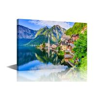 Hallstatt, Austria Wall Art Mountain Village Picture Prints on Canvas 1 Piece Wall Paintings the Austrian Alps Wall Decoration for Living Room Bedroom Office Framed Ready to Hang (16''Wx 24''H)