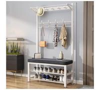 Hallway Coat Rack with Shoe Bench Shelves，Free Standing Hall Tree with Shoes Storage Bench, Entryway coat rack with storage，Hooks & Shelves, Hallway/Living Room(White,L80*W33CM/L31.4*W12.9IN)