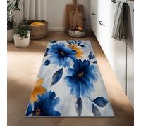Hallway Gradient Blue Floral Leaves Runner Rug 60 x 150 cm, Watercolor Style Printed Non-Slip Carpet Runners - Washable Entrance Kitchen Long Carpet for Living Room Entryway Bathroom Laundry Room
