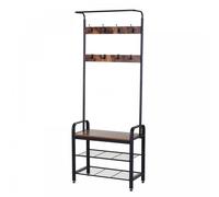 HOMCOM Coat Rack Stand Industrial hallway Shoe Rack Removable Hooks Metal Wood Hangers Storage Cabinet Rustic Brown 72L×34W×185H(cm)