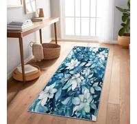 Hallway Runner Non-Slip 60 x 180 cm Extra Indoor Long Entryway Runner Rug, Watercolor Lace Floral Petals Kitchen Rug Washable Low Pile Floor Carpet for Entryway Laundry Room, Gray-Blue