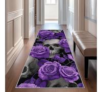 Hallway Runner Rose Skull, Washable Runner Rug Gothic Purple Floral 100 x 300, for Kitchen, Entryway, Bedroom Decor, Non Slip Low Pile Indoor Floor Carpet j3753