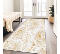 Hallway Runner Rug 60 x 120 cm, Luxury Line Art Floral Peony Leaf Non-Slip Carpet Runners, White-Gold Washable Entrance Carpet Kitchen Runner Rugs for Living Room/Entryway/Bathroom/Laundry Room