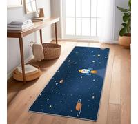 Hallway Runner Rug 60 x 180 cm, Cartoon Minimalist Space Rocket Moon Stars Non-Slip Carpet Runners, Dark Blue Washable Entrance Carpet Kitchen Runner Rugs for Living Room/Entryway/Laundry Room