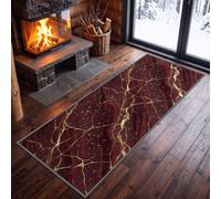 Hallway Runner Rug 60 x 180 cm Luxury Gold Leaf Veins Non Slip Carpet | Burgundy Marble Runner Long Runners Washable Kitchen Rugs Modern Floor Carpet Mat for Hallway Entryway Kitchen