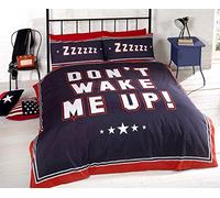 Hallways Don't Wake Me Up Double Bed Size Navy Blue White Red Reversable Duvet Cover Bedding Set