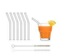Halm Glass Drinking Straws Reusable Sippers - 6 Pieces Short Bent 15 cm + Plastic-Free Cleaning Brush - Dishwasher Safe - Sustainable - Glass Sippers for Tumblers Cocktail Glasses