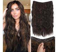Halo Aphro Invisible Wire Hair Extensions 20 Inch - Dark Brown with Highlights Wavy Synthetic Halo Hairpiece, Adjustable Size with Removable Clips for Women