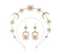 Halo Crown - Stars Crystal Goddess HeadBand with Earrings Mary Metal Halo Headpiece Celestial Crowns Tiaras for Women (moon crown hairpin)