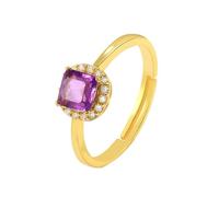 Halo Wedding Band, Engagement Rings for Women Vintage 14K Yellow Gold Round with Square Shape Amethyst for Proposal Jewelry Size Q 1/2
