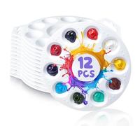 Halobios 12 Pcs Round Paint Palette for Acrylic Watercolor Oil Gouache or DIY Party, Plastic Paint Tray Palette 6.7inch with 10 Wells and 1 Central Reservoir, Hanging Hole Design for Easy Holding