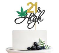 Halodete 21 & High Cake Topper, Marijuana Dope 420 Theme Birthday, Boys Girls Pot Leaf Weed Leaves Happy 21st Birthday Party Cake Decorations - Glitter