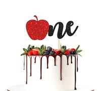 Halodete Apple One Cake Topper, Happy 1st Birthday Party Decor, Fruit Themed Cake Picks, An Apple of Our Eye Party Supplies, Baby Shower Cake Decoration - Red & Black Glitter