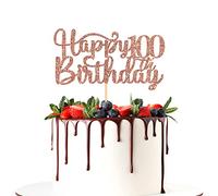 Halodete Glitter Happy 100th Birthday Cake Topper - 100th Birthday/Anniversary Party Supplies - Cheers to 100 Years Party Decoration Rose Gold