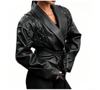 HaloModora Women's Retro Faux Leather Coat Regular Fit Spring | Vintage lace-up front, regular fit length, moderate stretch fabric, pure color design, spring to winter wear