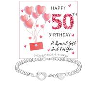 Halora 50th Birthday Gifts for Women, Sterling Silver Bead Bracelet for Women Adjustable Knot Heart Bracelets 50th Birthday Jewellery Gifts with Card for Sister Mum Grandma