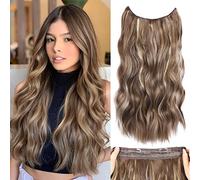 Halos Hair Extension with Transparent Wire, Invisible Wire Hair Extensions with 5 Adjustable Sizes, 20 Inch Synthetic Wavy Hair Pieces for Women (Color: Deep Almond Brown with Wheat Germ Blonde)