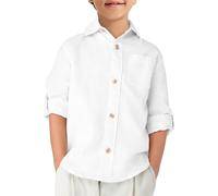 Haloumoning Boys Long Sleeve Button Down Linen Shirt with Chest Pocket 5-14 Years, White/Opulent Garden, 13-14 Years